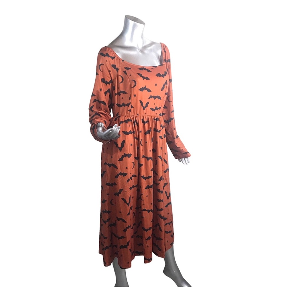 Bloom Chic Women’s 14/16 Large Orange Bat Print Pocket Square Neck Dress New! - Picture 2 of 16